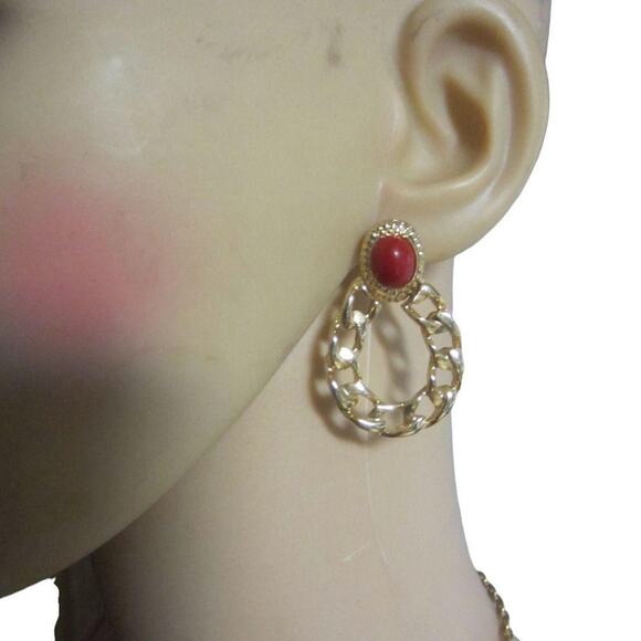 Gold Chain Hoop Statement Earrings Red Cabochon Clip-On Retro 80s - Picture 2 of 7